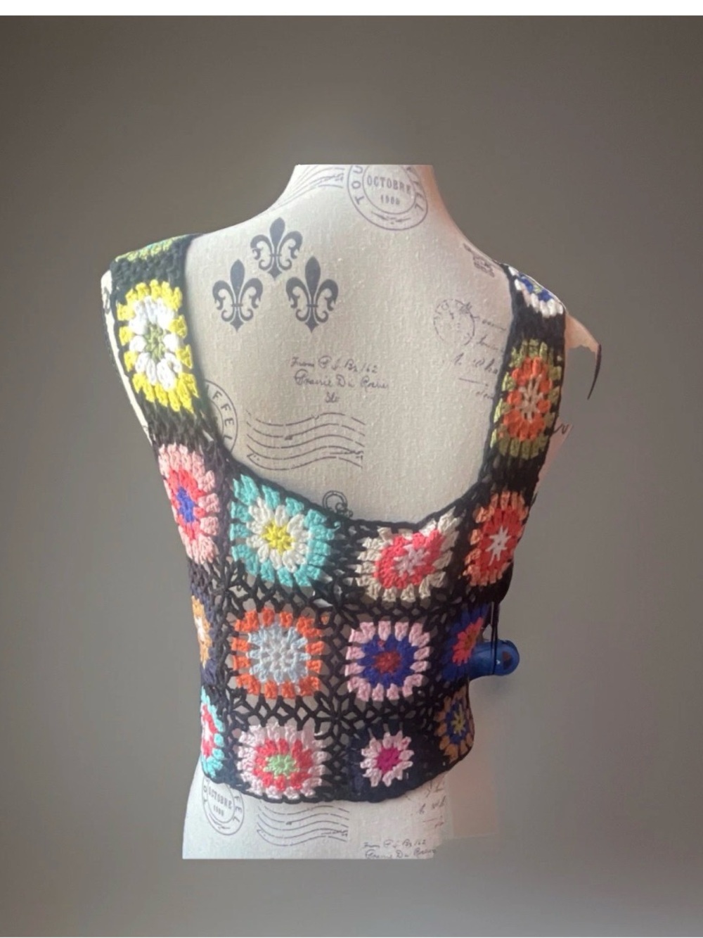 Le Lis Black Crochet Tank Top with Bright Multi-Color Squares - Picture 3 of 4